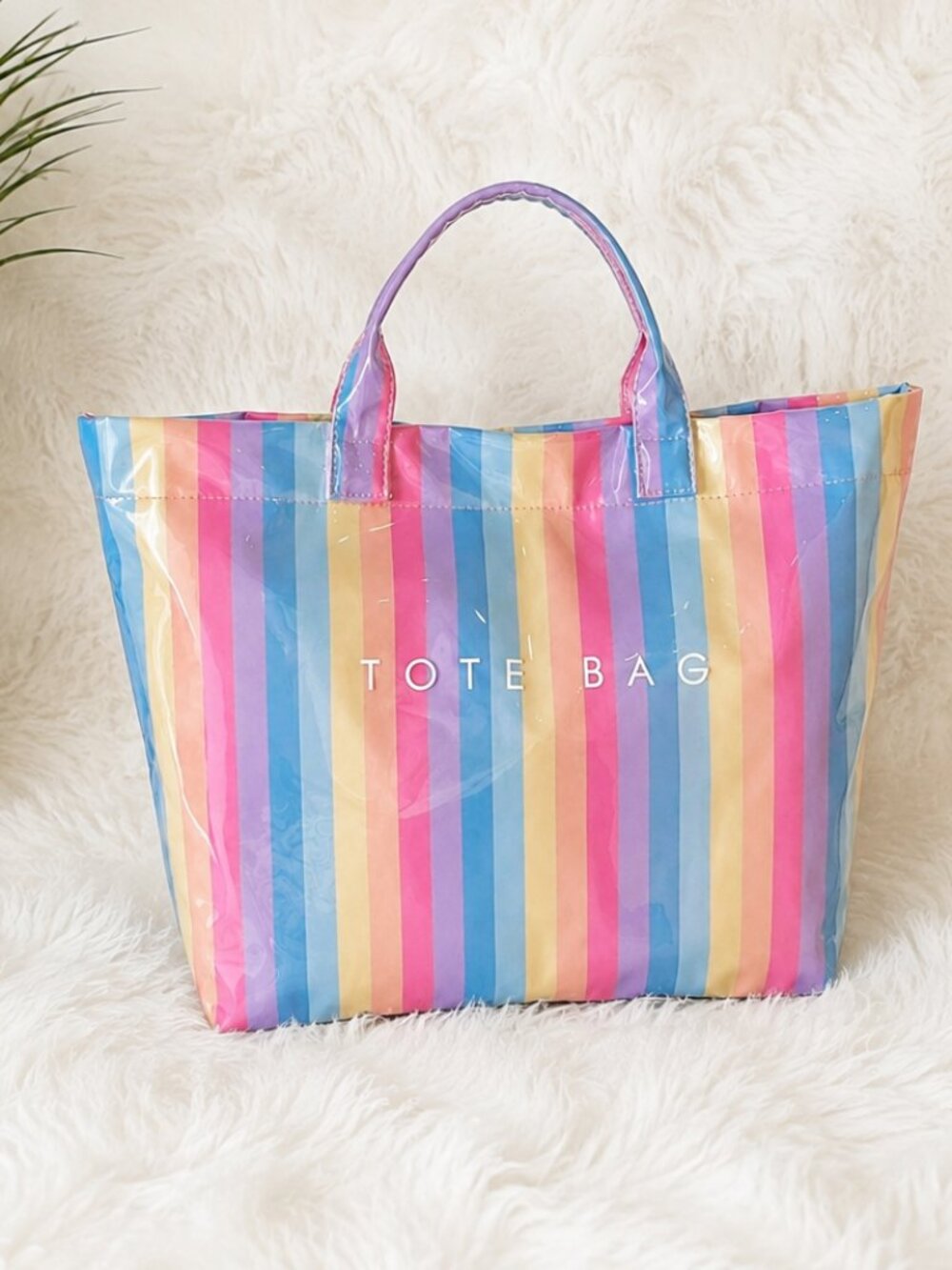 NWT Large Pastel Rainbow Striped Waterproof Tote Bag